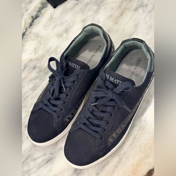 Sans Matin “ Domingo” Luxury Leather Trainers Navy/White Sz 38 Men’s OP $195 - Picture 1 of 10